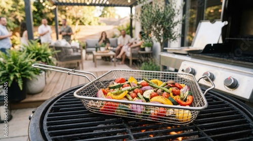 Fresh colorful vegetables roasting in metal basket on backyard grill. Group of man and woman friends relaxing on patio in background. Outdoor garden party barbecue summer dinner concept.