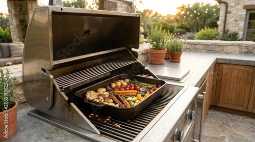 Vegetables roasting in tray on backyard gas grill. Fresh food cooking on outdoor kitchen counter at sunset. Culinary preparation for summer holiday garden dinner party with healthy meal.