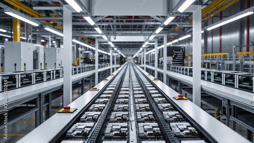 Fototapeta premium Automated electronics manufacturing line with conveyor belts and circuit boards