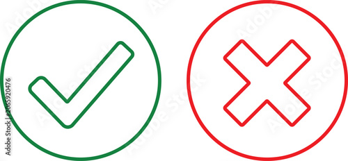 Fotografija Green check mark and red cross icons isolated on transparent background, symbols for confirmation and rejection, approval and denial signs