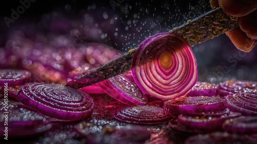 Close up of slicing red onion showcasing texture details and preparation
