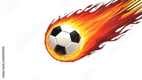 A soccer ball blazes with fiery intensity as it streaks through the air, representing powerful action and athletic prowess.