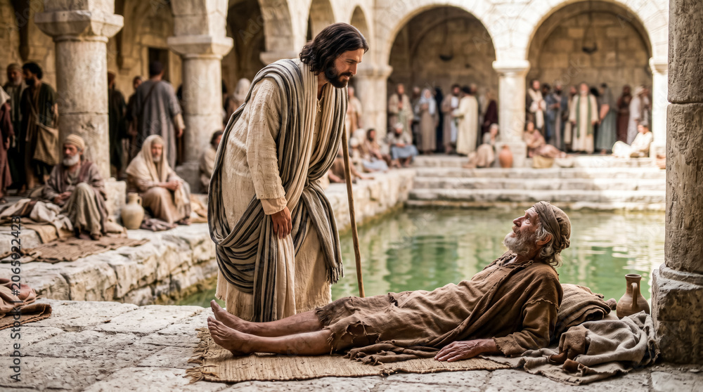 Naklejka premium Jesus speaking with a sick man beside a pool of Bethesda.
