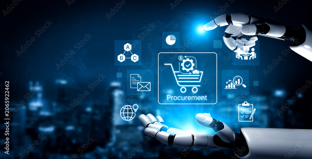 Fototapeta premium Futuristic Robotic Hand Engaging with Digital Procurement Icons and Analytics in a Technology-Driven Shopping Environment. Bitwise.