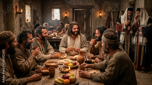 Jesus sits and eats at the table with tax collectors and sinners.