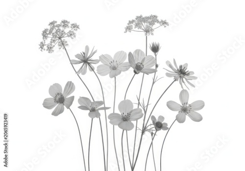 Beautiful delicate cosmos flowers and wild meadow herbs illustration drawing isolated on white background