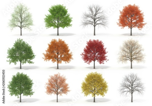 Set of twelve colorful deciduous trees showing all four seasons of the year isolated on white background