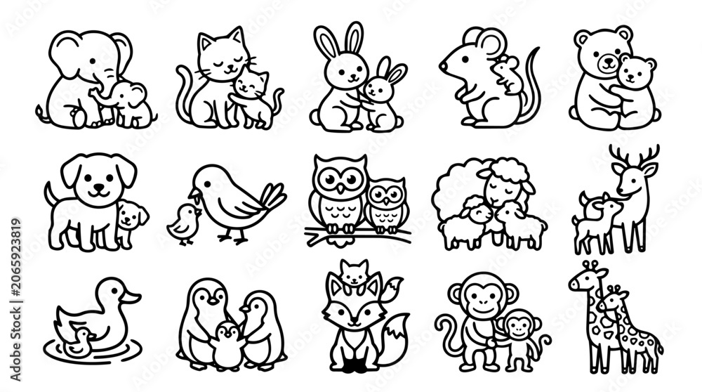 Obraz premium Cute parent and baby animals outline set