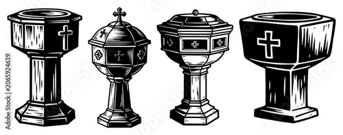 Canvastavla Baptismal fonts with religious cross symbols in vintage woodcut style