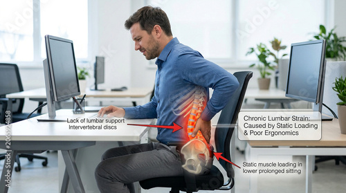 Man sitting at desk with chronic lumbar strain from poor ergonomics and static loading
