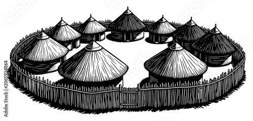 Fotografi Traditional circular village with thatched huts and fence in vintage woodcut sty