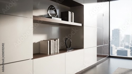 Modern floating shelves in a minimalist white room display books, a clock, and decorative items against a bright window.