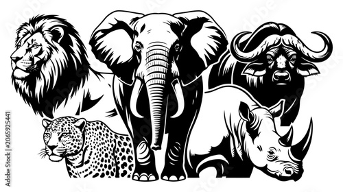 Photography African big five safari animals collection in vintage woodcut style