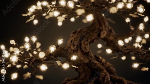 Decorative string lights intertwined with bare tree branches create a warm and festive outdoor ambiance during winter nights.