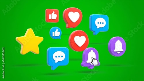 Colorful set of emoji icons including hearts, stars, and expressive faces arranged on a bright green background.