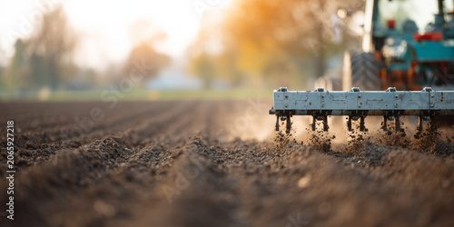 Tractor cultivating soil in farmland field