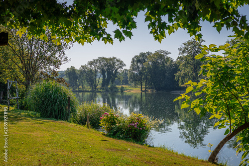 A tranquil view of the Kolpa River framed by lush green foliage and flowering shrubs. Calm water reflects the surrounding trees under soft summer sunlight, creating a peaceful riverside landscape rich