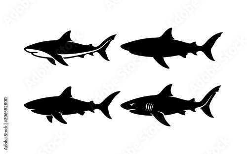 Canvas Print Four shark silhouettes are swimming in the ocean water