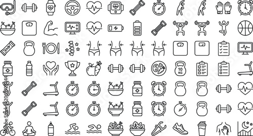 Fitness and healthy lifestyle icon collection featuring exercise, nutrition, weight loss, gym training, wellness and sports symbols