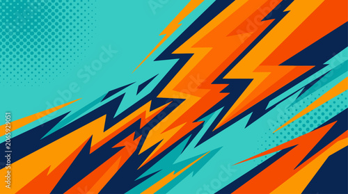 Quadro su tela Vibrant orange and blue lightning bolts streak across a teal background