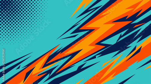 Fotografi Vibrant orange and blue lightning bolts streak diagonally across a teal background with a dark blue dot pattern