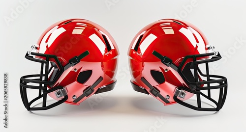 Two bright red football helmets, with black facemasks, isolated on a clean, white backdrop