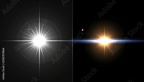 Two bright starburst effects on dark, contrasting backgrounds; one white, one golden