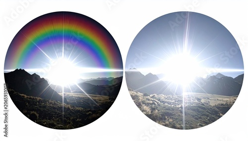 Two circles showing landscapes, one with a rainbow effect