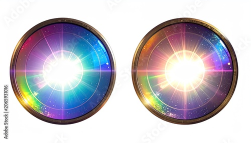 Two circular lenses show space vistas with bright, colorful starbursts in their centers