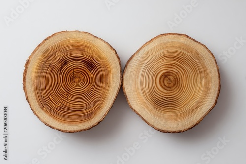 Two circular wood slices show growth rings on a bright white background