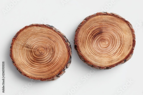 Two circular wood slices showing growth rings and bark, lying on a white surface
