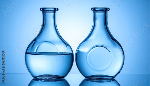 Two clear, bulbous glass bottles on a shiny surface against a soft blue background
