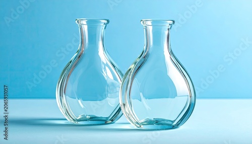 Two clear, decorative glass vases against a pastel blue background, subtle lighting