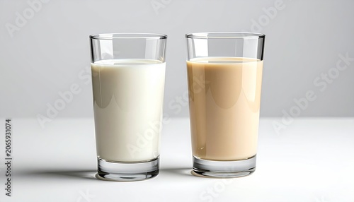 Two clear glasses containing opaque white and tan liquids, on a white surface