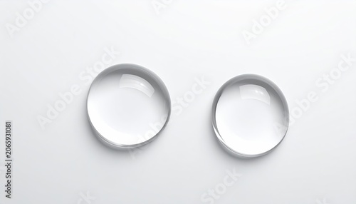 Two clear, glossy spheres sit on a white surface, creating lens-like refractions