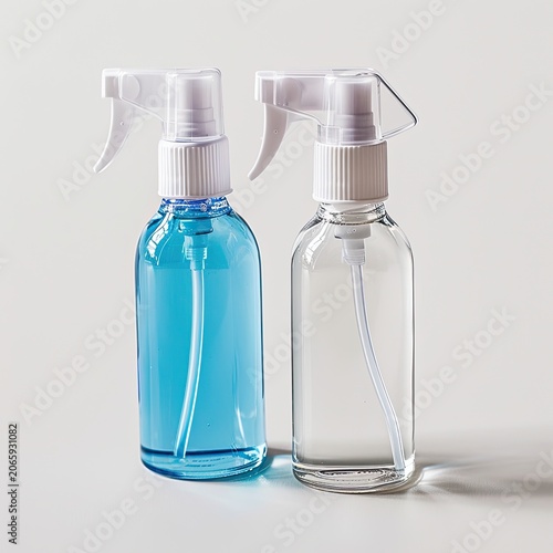 Two clear, plastic spray bottles, one filled with blue liquid, the other transparent, on white surface