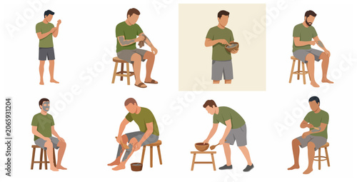 Fotografie Set of flat illustrations showing a man performing a natural skincare routine, applying mud masks and body scrubs to face, arms, and legs for wellness and grooming