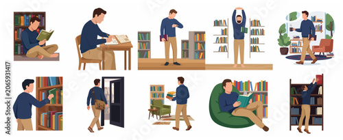 Collection of flat vector illustrations depicting a young man reading, writing, and studying in a library or home office, showing a day in the life of a student or book lover.