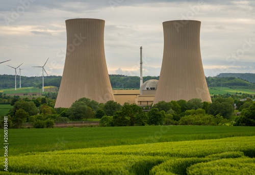 The Grohnde Nuclear Power Plant, a pressurized water reactor with prominent cooling towers, located in Emmerthal, Germany.