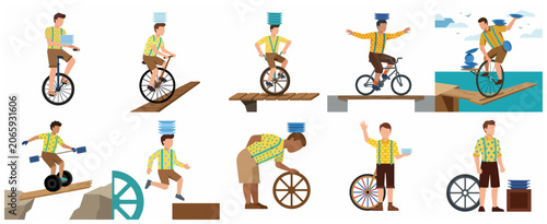 Billede på lærred Set of vector illustrations featuring a man performing various balancing acts with plates, unicycles, and bicycles on narrow bridges