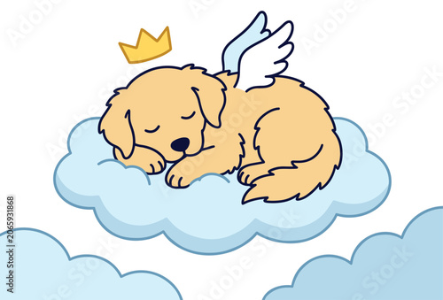 Fotografie Sleeping golden retriever puppy angel with crown on clouds illustration