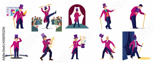 Collection of Ringmaster and Magician Character Illustrations in Various Poses for Circus and Magic Shows