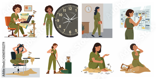 Vector illustration set of woman facing workplace stress, deadlines, and time management challenges