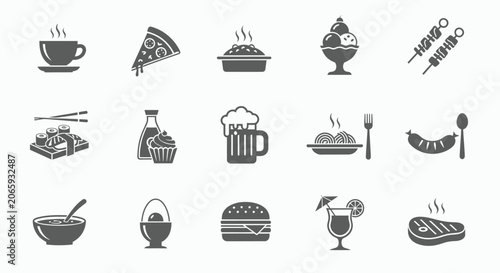 A comprehensive grid of fifteen food and beverage icons in a solid grey silhouette.