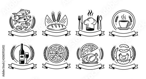 Collection of Eight Culinary Emblems Featuring Food Icons and Ribbons on White Background.