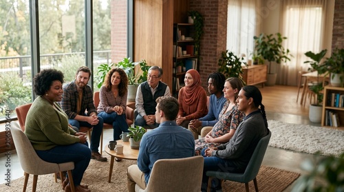 A multicultural group of people of different ages, ethnicities, and body types sitting in a circle in a modern and welcoming environment, demonstrating authentic empathy and active listening.
