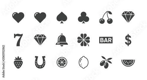 Grid of sixteen monochrome vector casino and gambling icons for professional game design.