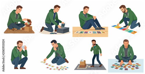 Foto Man managing emotions and mental health with symbolic icons and cards vector ill