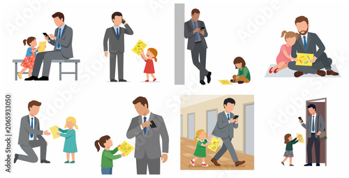 Foto Busy Businessman Father Ignoring His Daughter for Smartphone and Work Flat Illus