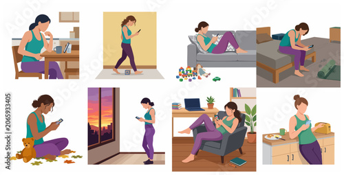 Fotografie Woman addicted to smartphone illustration set showing digital distraction and po